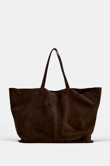 SAC MAXI SHOPPER EN CUIR VELOURS - Chocolat de Zara