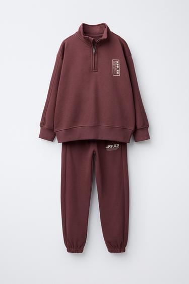 Zara TEXT SWEATSHIRT AND JOGGER PANTS SET - Light maroon