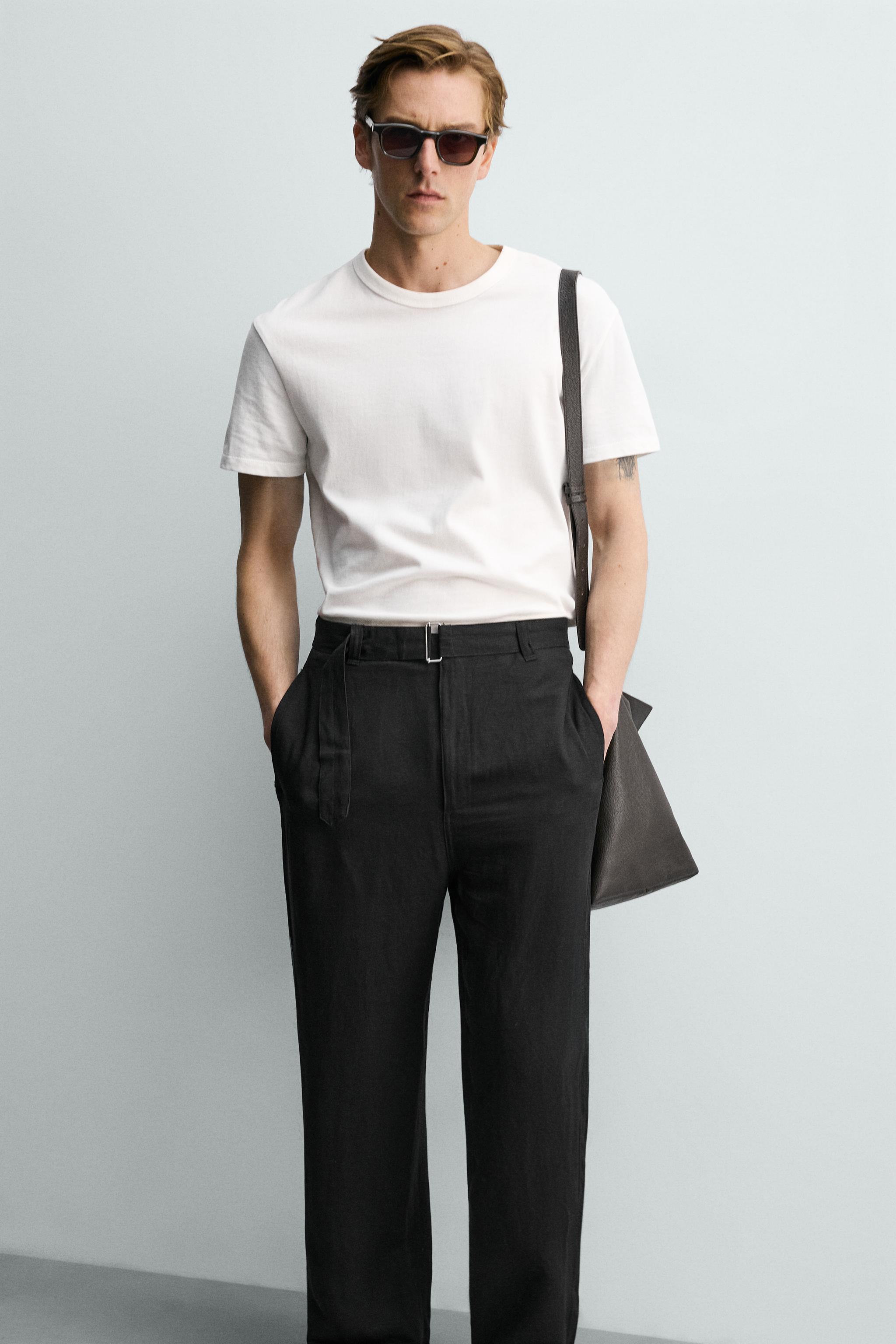 RELAXED FIT VISCOSE-LINEN BELTED PANTS