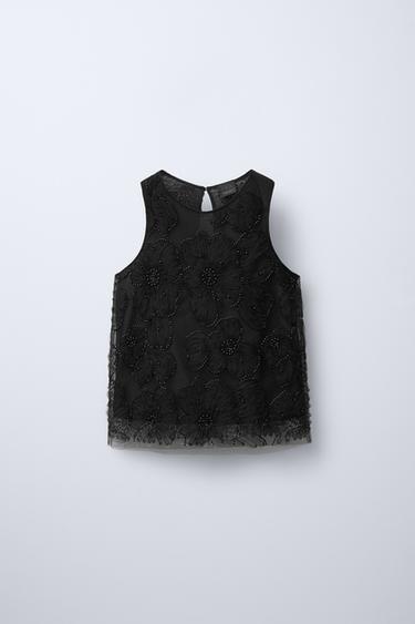 Zara BEADED LACE TOP - Black - Image 0