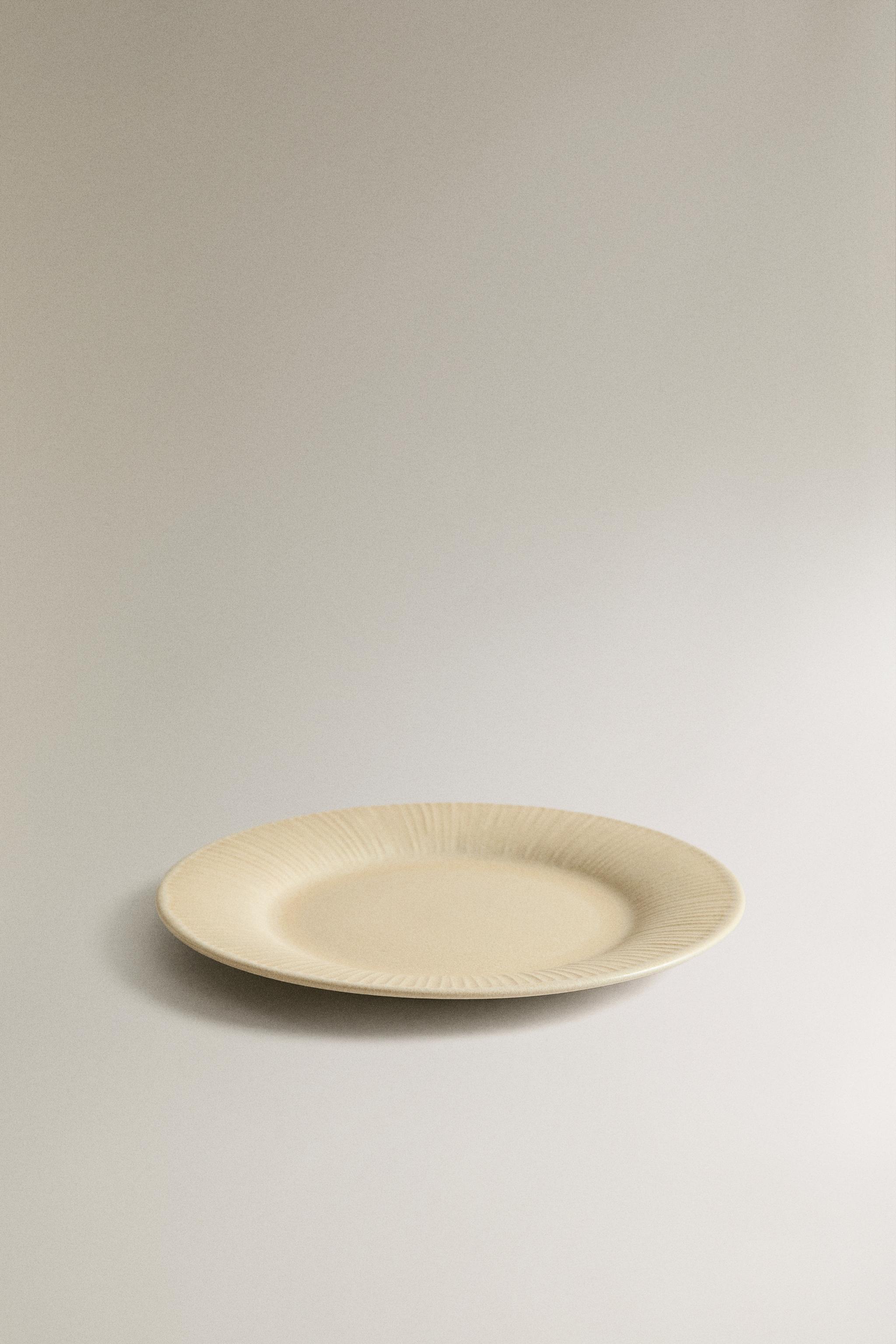 STRIPED STONEWARE DESSERT PLATE — Dark beige