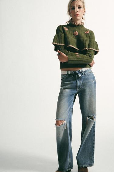 Zara FLORAL RUFFLE KNIT JUMPER - Green