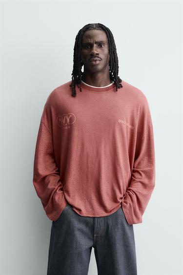RELAXED FIT COTTON/LINEN TEXT T-SHIRT - Red by Zara