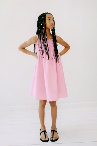 LINEN BLEND SMOCKED DRESS - Pink by Zara