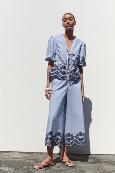 Zara STRIPED EMBROIDERED TOP - Blue / Indigo