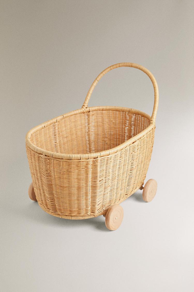 KIDS' RATTAN CART WITH WHEELS — Light beige