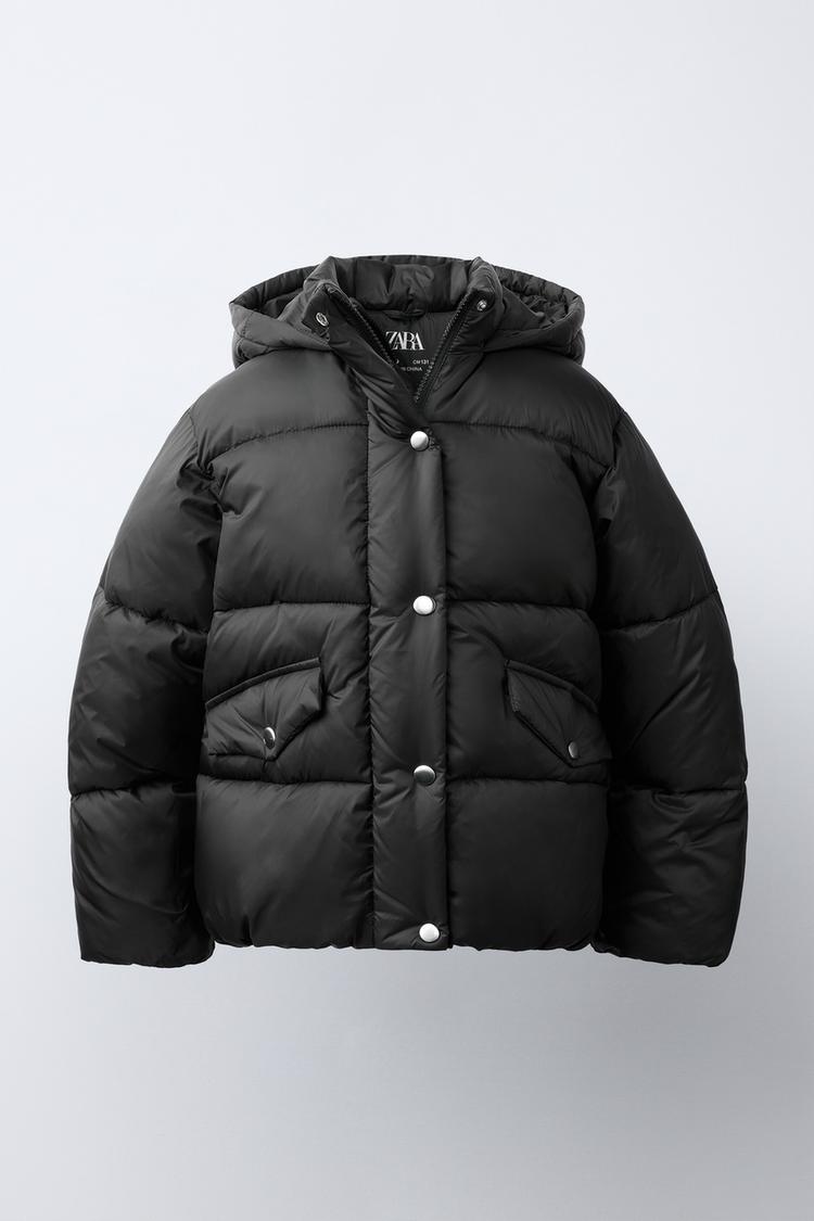 WATER-REPELLENT HOODED PUFFER COAT — Black