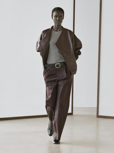 Zara Asymmetric nappa leather bomber jacket - Brown