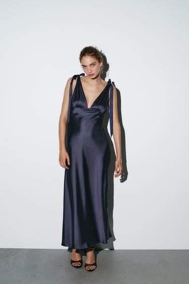 ROBE MIDI SATINÉE À NŒUDS - Bleu marine de Zara - Image 0