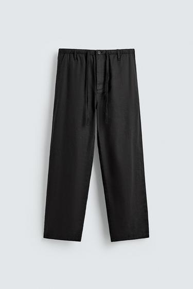 Zara RELAXED FIT LINEN BLEND PANTS - Black