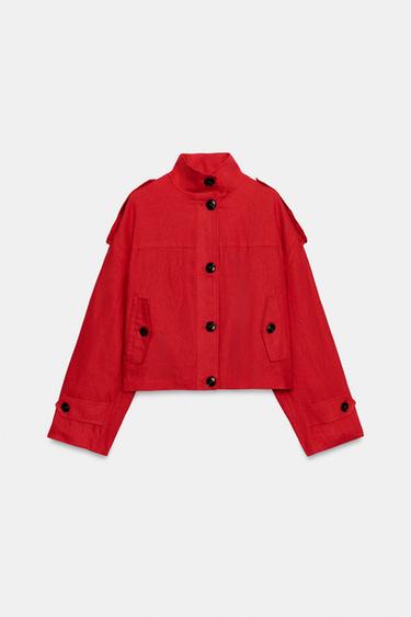 HIGH NECK LINEN BLEND JACKET - Red by Zara - Image 7