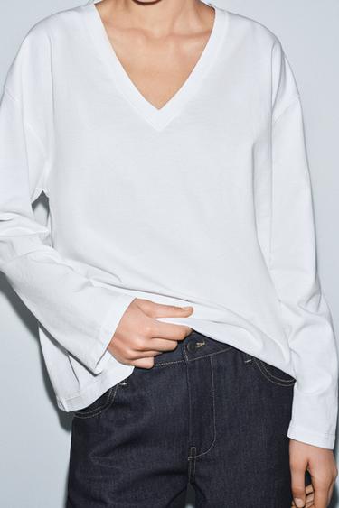 Zara RUSTIC V-NECK T-SHIRT - White