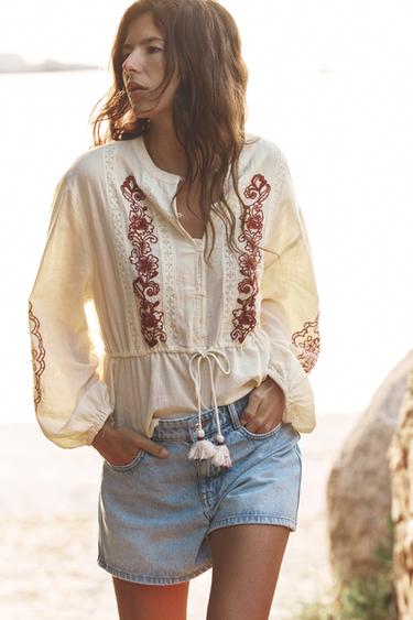 Zara EMBROIDERED DRAWSTRING BLOUSE - Ecru / Maroon - Image 0