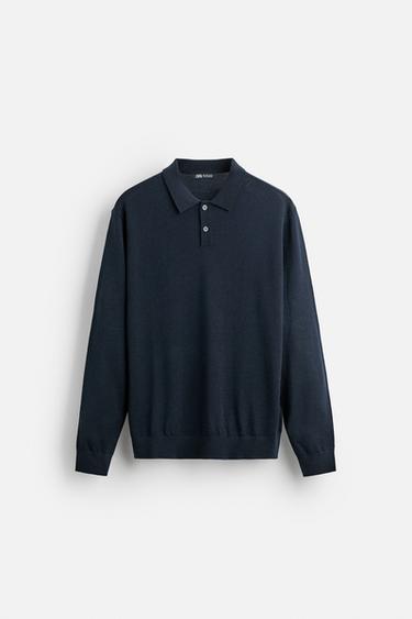 Zara MERINO WOOL KNIT POLO SHIRT - Navy blue