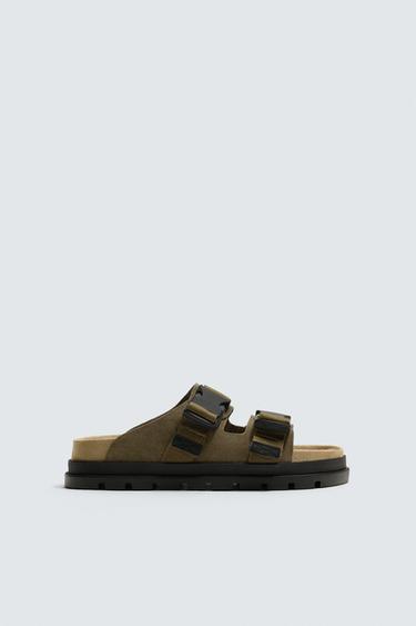 Zara 厚底真皮涼鞋 - 湖綠色