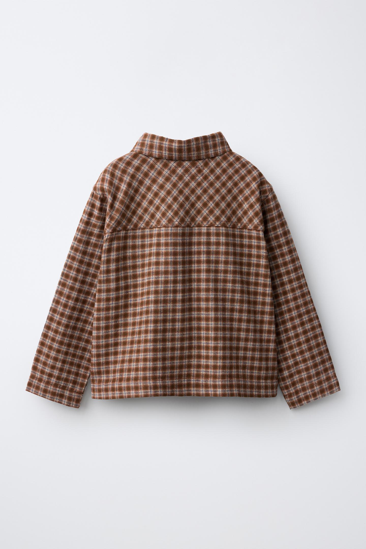 Детская рубашка Zara Plaid with Embroidered Text Pocket, цвет: Коричневый — фото 3