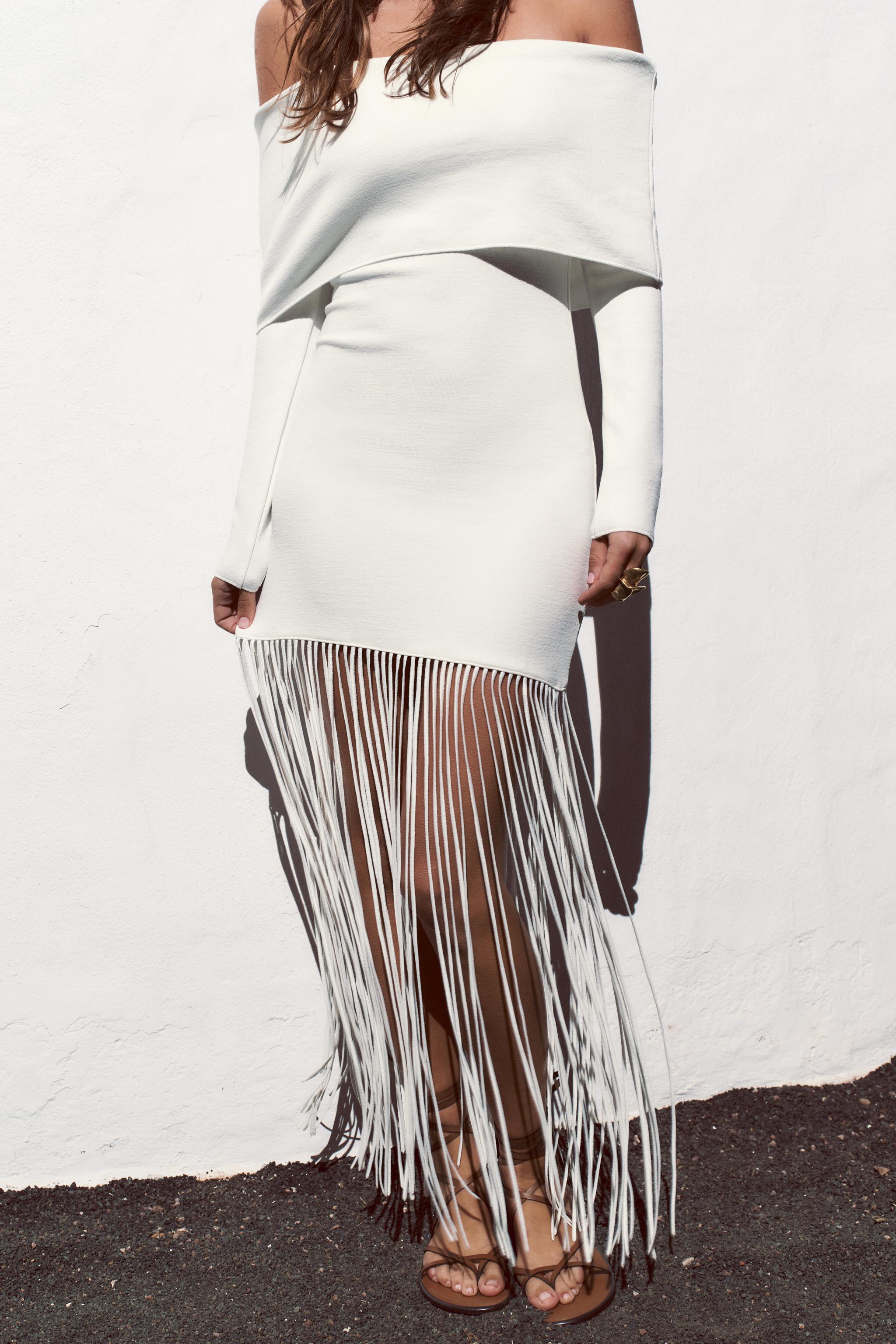 FRINGED STRETCH KNIT DRESS - White | ZARA United States