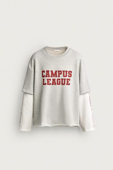 LONG SLEEVE LAYERED EFFECT TEXT T-SHIRT - Grey marl by Zara