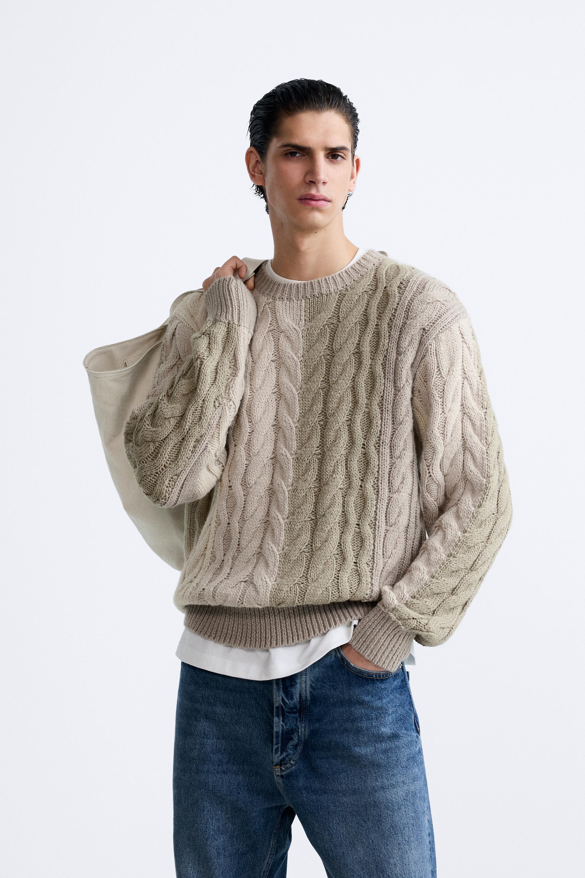 COLOUR BLOCK CABLE-KNIT SWEATER - camel