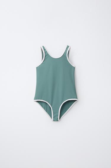 AGES 6-14/ SWIMSUIT WITH CONTRAST PIPING - Green / Blue by Zara