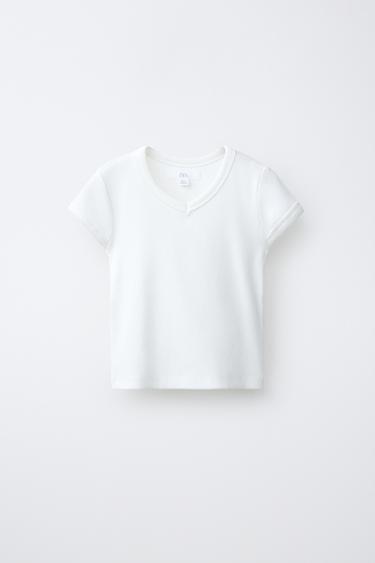 T-SHIRT CÔTELÉ COL EN V - Blanc de Zara