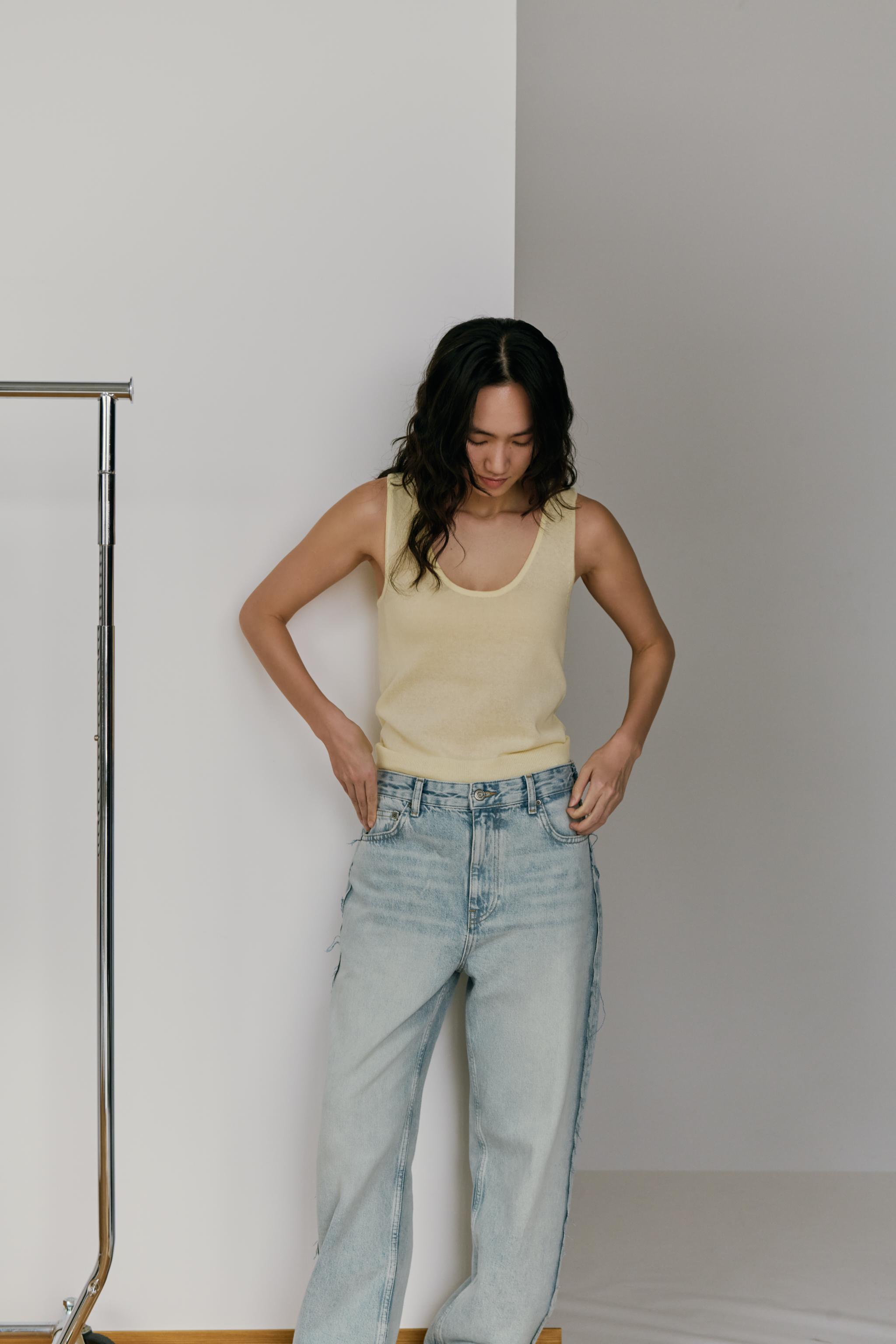 it-dogs イエローニットトップスXS フリンジ付き市松模様ニットトップス - イエロー | ZARA Japan