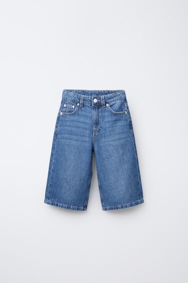 Zara WASHED-EFFECT DENIM LONG SHORTS - Mid-blue