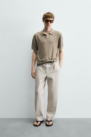 REGULAR FIT 100% LINEN KNIT POLO SHIRT - Light green by Zara