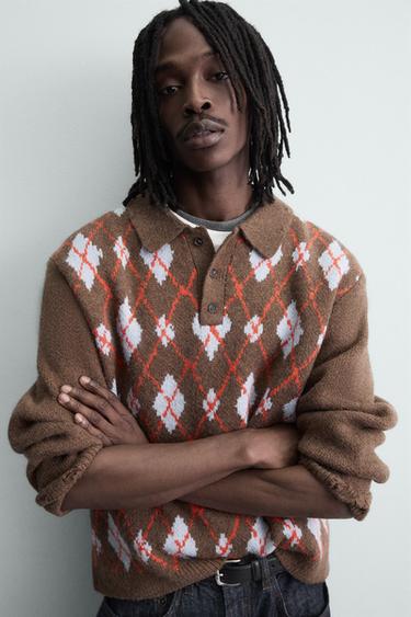KNIT ARGYLE POLO SHIRT WITH RIPPED EFFECT - Brown by Zara - Image 5