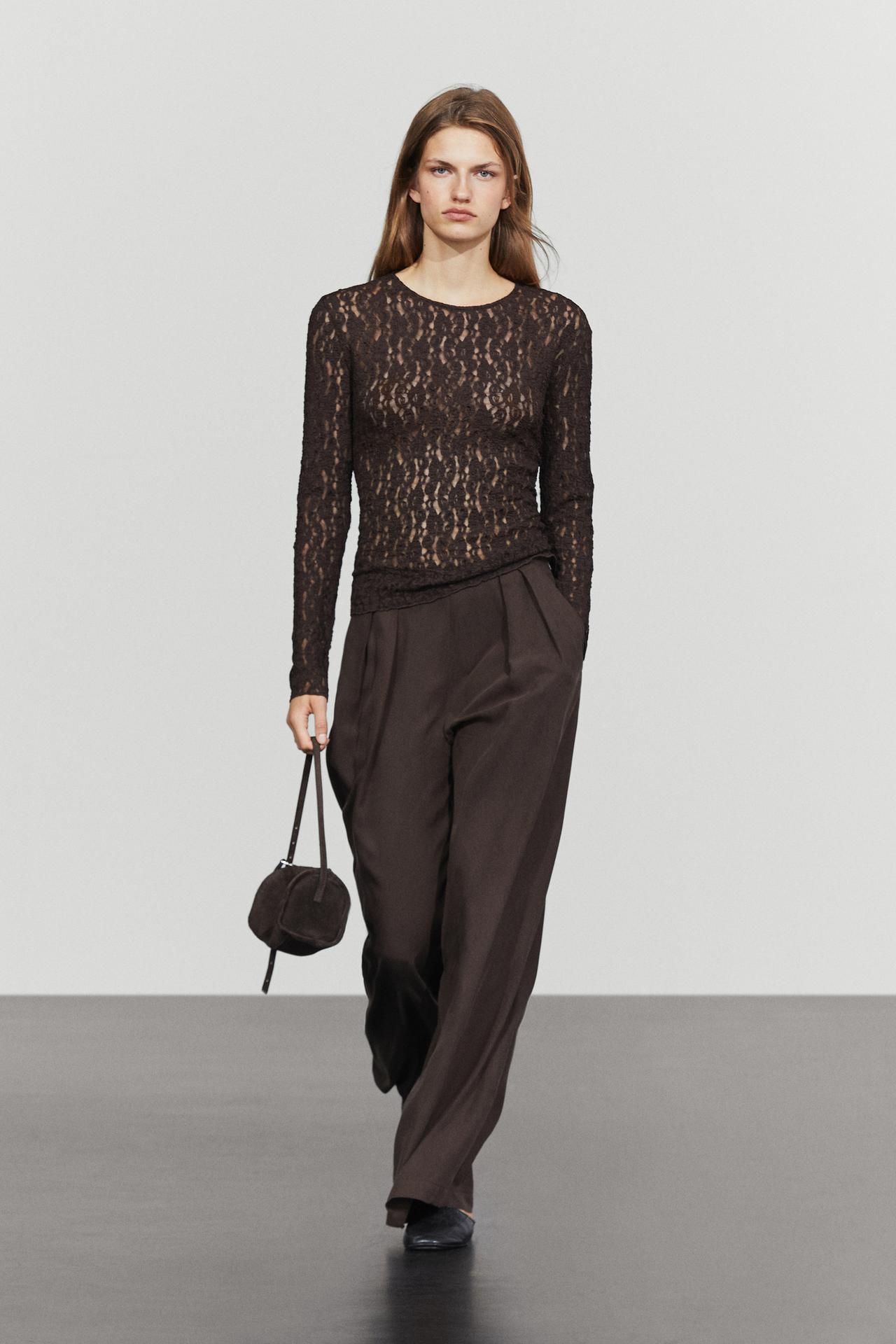 Long sleeve lace detail T-shirt — Brown