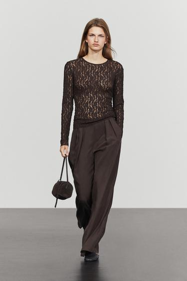 Zara Long sleeve lace detail T-shirt - Brown - Image 0