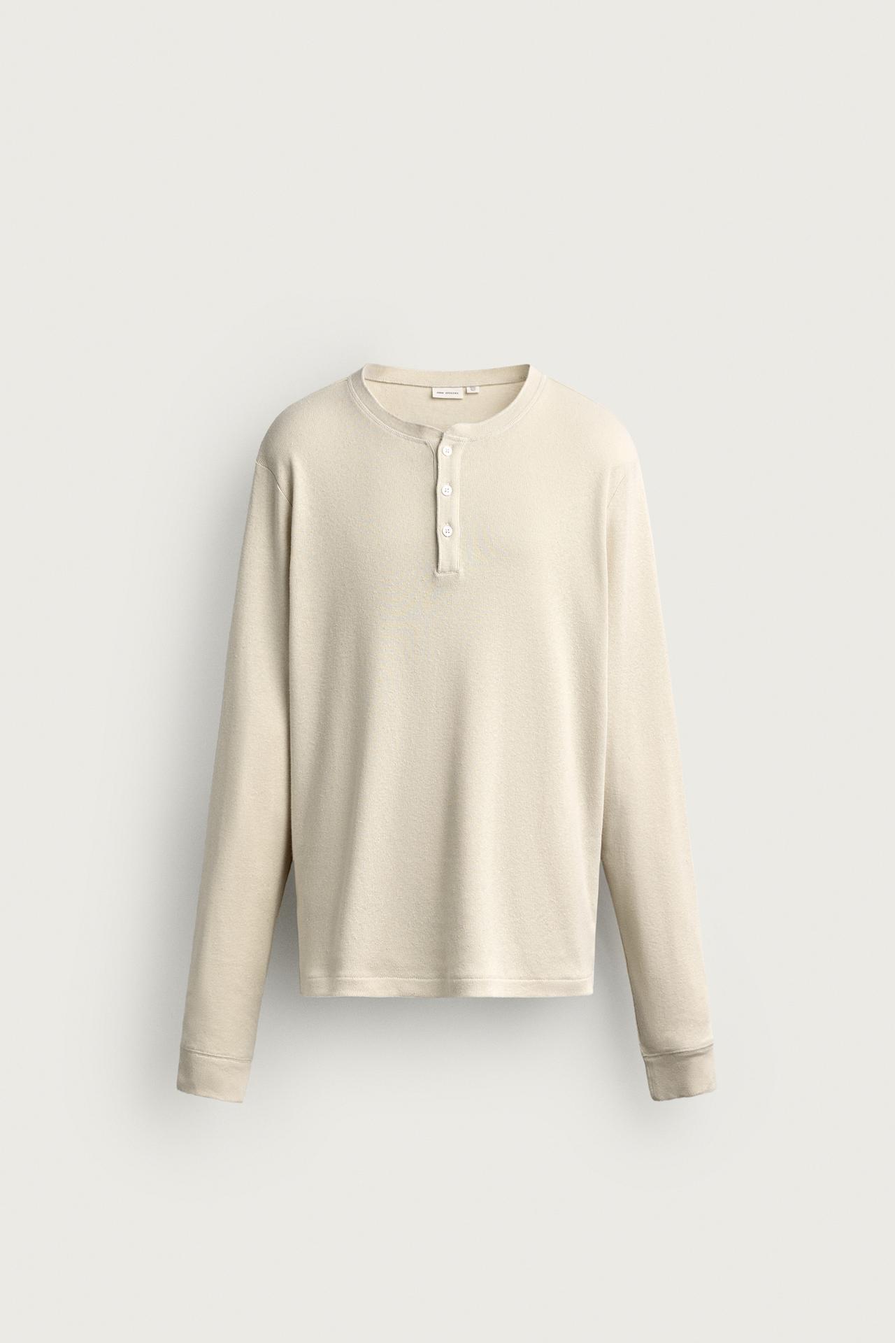 COTTON-LINEN HENLEY T-SHIRT — Light beige