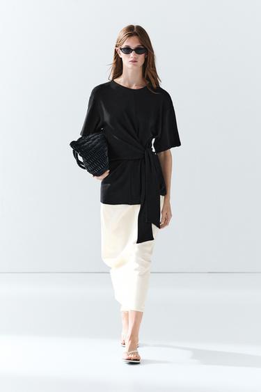 Zara Short sleeve T-shirt with tie detail - Black - Image 0