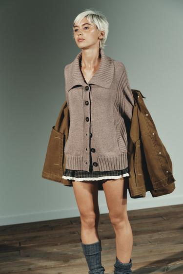 Zara RIB TRIM CARDIGAN - Dark camel