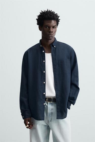 CAMISA LINO - ALGODÓN - Marino de Zara
