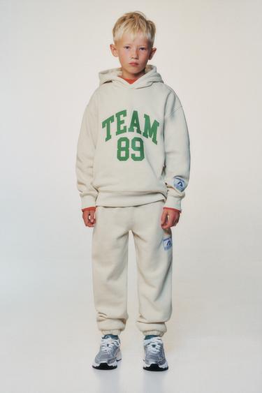 Zara JOGGING HOODIE SWEATSHIRT WITH TEXT - Ecru