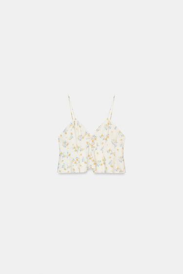 TOP CROP FLORES - blanco-naranja de Zara - Imagen 0