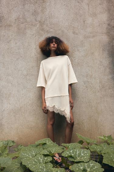 Zara COMBINATION LACE T-SHIRT - Ecru