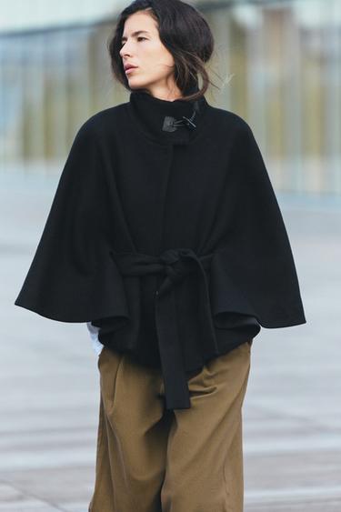 WOOL CAPE COAT WITH BELT — Black 1