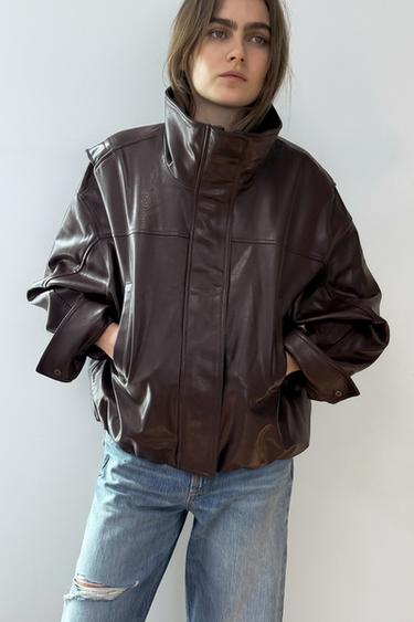 Zara FAUX LEATHER PLEATED JACKET - Dark burgundy