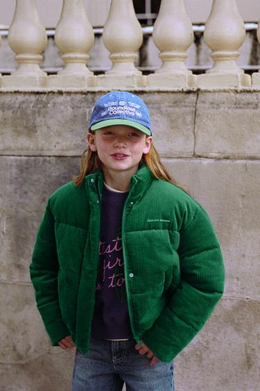 Zara CORDUROY EMBROIDERED TEXT PADDED JACKET - Green