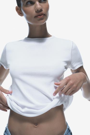 T-SHIRT CÔTELÉ CONTRASTE - Blanc / Gris de Zara - Image 0