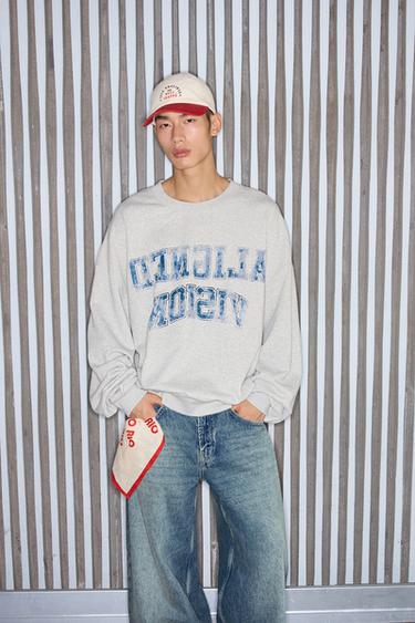 Zara 學院風圓領印花運動衫 - 斑紋灰色