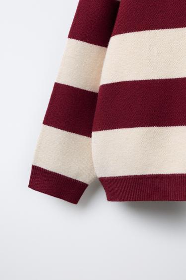 STRIPED KNITTED VARSITY POLO SHIRT - Ecru / Maroon by Zara - Image 3