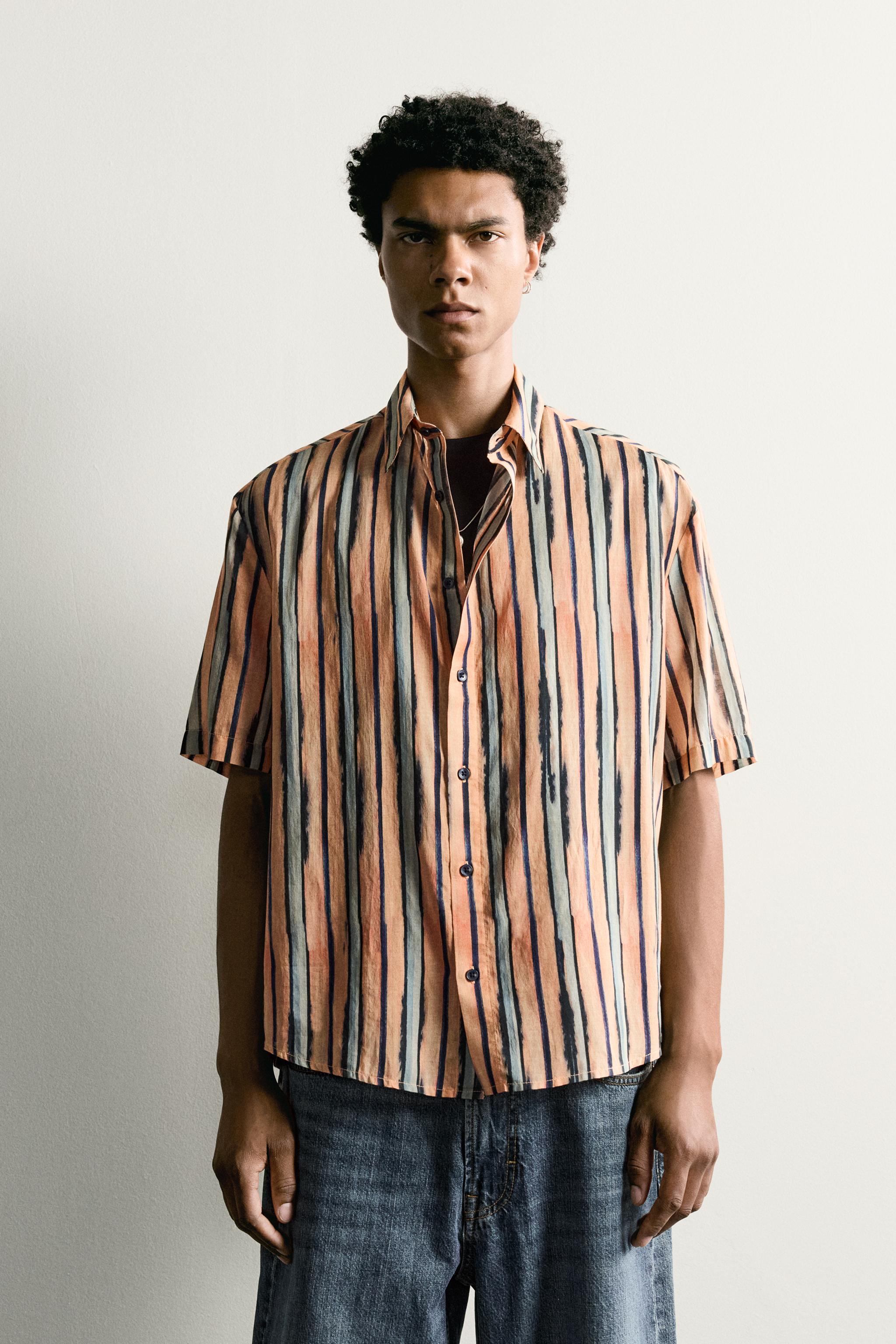 COTTON-VISCOSE STRIPED SHIRT — Salmon