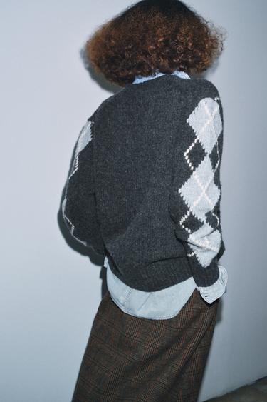 GILET 100 % LAINE À LOSANGES - Gris / Bleu de Zara - Image 2