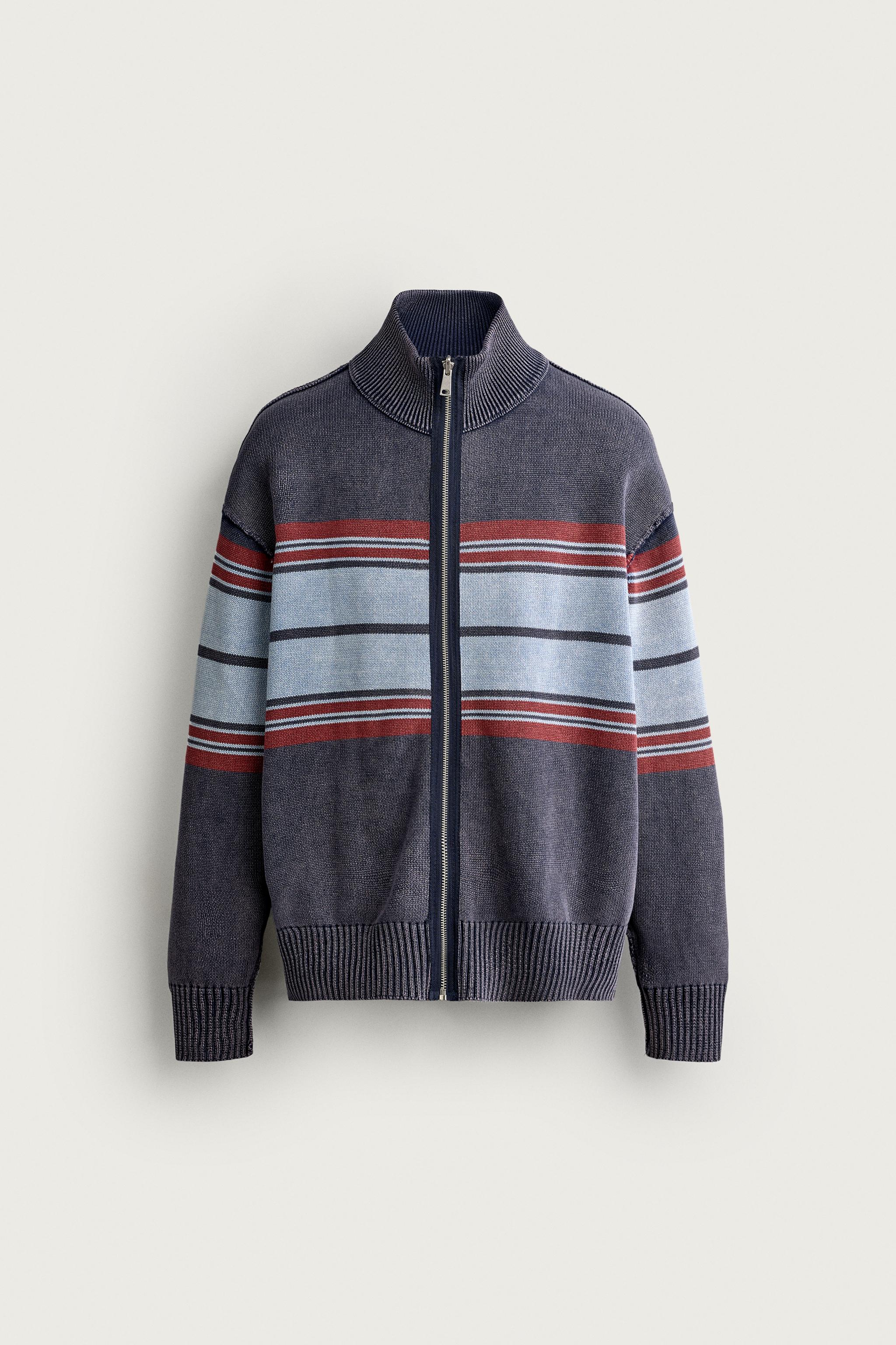 ウォッシュ加工カラーブロックニットジャケット - ブルー | ZARA Japan