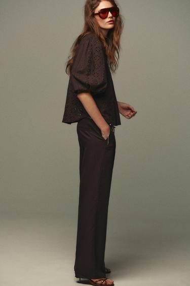 SHIRT WITH CUTWORK EMBROIDERY AND PUFF SLEEVES - Brown by Zara - Image 2