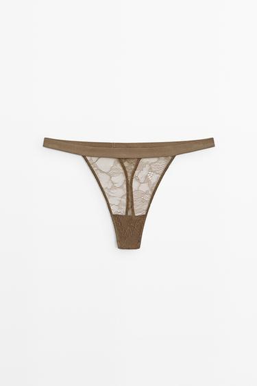 Elasticated floral lace thong — Mink 1