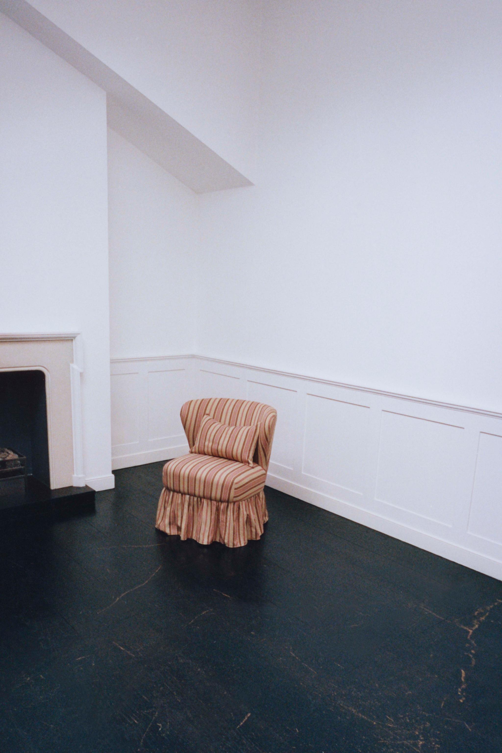 STRIPED ACCENT CHAIR WITH RUFFLE | KATHARINE POLE — Ecru / Red